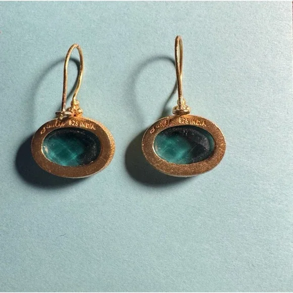 925 Sterling Silver Gold Tn Teal Faceted Glass Quartz Drop Dangle Earrings India - Picture 2 of 2